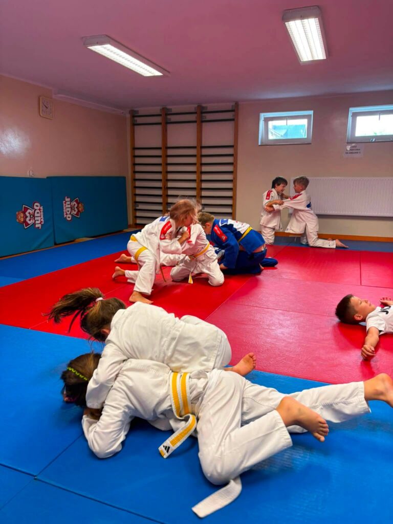 Kilka par dzieci w judogach ćwiczy ne-waza na niebiesko-czerwonych matach w sali z logo Judo Landia.